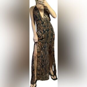 Halter Brown Patterned Maxi Dress